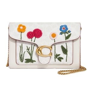 NWT Coach Tabby Chain Clutch In Signature Canvas With Floral Embroidery